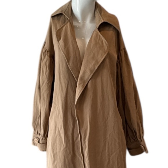 The Hidden Bee Puff Sleeve Cotton Tan Maxi Open Trench Coat Size M - Picture 5 of 13